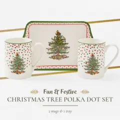 Spode Christmas Tree Polka Dot 10oz Mug & 8" Tray Set (3-Piece Set) - Festive Porcelain Mugs with Melamine Tray, Dishwasher & Microwave Safe