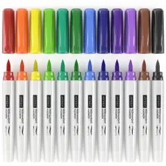 Arteza Set of 24 Permanent Markers, Rainbow, Fine & Brush Nib, 12 Assorted Colors,