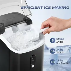 Simzlife Nugget Ice Maker Countertop, 34 Lbs/Day, Soft Chewable Pellet Ice, Self-Cleaning, One-Click Operation, 1.8 Lbs Storage Capacity, Black
