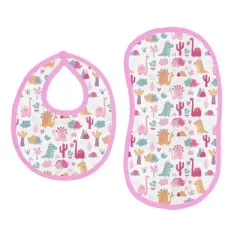 Bacati - Little Dino Girls Fucshia/Aqua Muslin 4 pc Bibs/Burpies