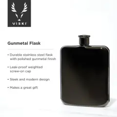 Viski Gunmetal Flask, Black Stainless Steel Flask with Screw Top, Liquor Flask for Men, 6 Ounces, Black, Set of 1