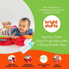 Bright Starts Sesame Street Tummy Time Elmo Prop Mat with 3 Detachable Newborn Toys and Multiple Textures and Flaps for Baby Gyms and Playmats