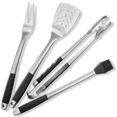 Pure Grill 4-Piece&nbsp;Stainless Steel BBQ Tool Utensil Set with Meat Fork, Spatula, Tongs, and Basting Brush