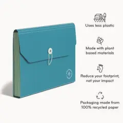 U Brands U ECO 13-Pocket Expandable File, 9.75" Expansion, 13 Sections; Button/Elastic Closure, 1/12-Cut Tabs, Letter Size, Ocean