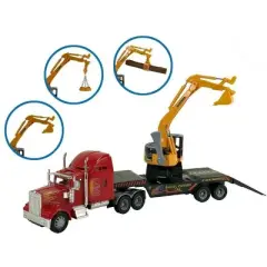Big Daddy Big Rig Heavy Duty Tractor Trailer Low Boy Transport Flat Bed & Excavator Toy Trucks Combo