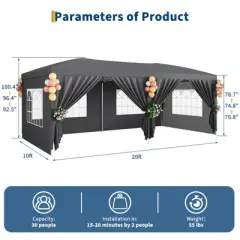 Garvee 10x20 Pop Up Canopy Tent with 6 Removable Sidewalls, Easy Up Outdoor Canopy Tents for Parties with 3 Adjustable Heights, Stakes X18, Ropes X6