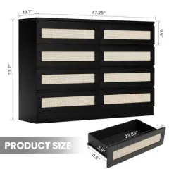 8 Drawer Double Dresser for Bedroom, Rattan Chest of Dressers, Modern Wooden Dresser Chest