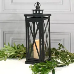 LumaBase Metal Lantern with Battery-Operated Candle - Black Crisscross