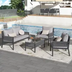 FIONECA 4-Piece Rope Patio Furniture Set with Tempered Glass Table &uml;C Deep Seating Outdoor Conversation Set, Grey
