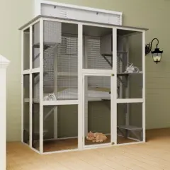 APRILSOUL70.90"Wooden Outdoor Catio Cat Enclosure with Weatherproof Asphalt Roof, Large Walk-in Cat House,Gray