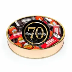 70th Birthday Sugar Free Candy Gift Tin Large Plastic Tin with Sticker and Hershey's Chocolate & Reese's Mix - By Just Candy