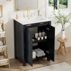 24"/36"W Compact Vintage Style Bathroom Vanity Cabinet and Ceramic Sink Combo with Open Shelf 4B - ModernLuxe
