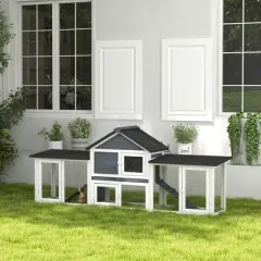 PawHut 83" Wooden Rabbit Hutch Large Bunny Hutch House with Double Run, Removable Tray and Waterproof Roof for Outdoor