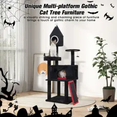 Sevobal Pet Tower, Gothic Cat Tree Tower with Scratching Posts and Caves, Multi-Level Activity Center for Indoor Cats, Black, 27.4"*19.1"*64.2"