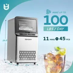 EUHOMY 100 Lbs/24H Ice Maker, Household & Commercial Dual-Use, Under Counter, Stainless Steel, 33 Lbs. Storage, for Home/Kitchen/Outdoor/Bar, Silver