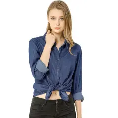 Allegra K Women's Classic Long Sleeve Loose Button Up Denim Shirt