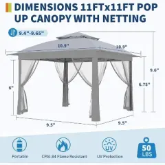 11FT Outdoor Canopy Gazebo Tent with Mosquito Netting, Portable Patio Shelter for Backyard or Garden, Includes Carrying Bag