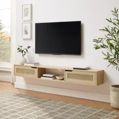 Modern Boho Floating TV Stand for TVs up to 80" with Rattan Doors Coastal Oak - Saracina Home