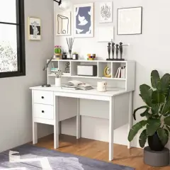 Costway Computer Desk 48" Writing Table w/ Power Outlets 5-Cubby Hutch 2 Storage Drawers