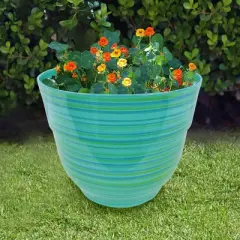 Alpine Corporation Glossy Striped Indoor Outdoor Planter with Drainage Hole Turquoise 13"x13"x11": Polypropylene, Freestanding