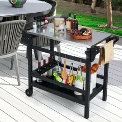 Costway Movable Outdoor Dining Cart Table with Stainless Steel Tabletop, Seasoning Tray