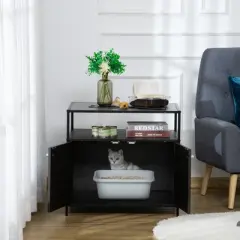 PawHut Wooden Cat Litter Box Enclosure, Multipurpose Anti-Tracking Pet Kitten House, Indoor End Table with Magnetic Doors & Storage Shelves