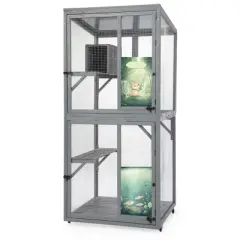 SEVOBAL Pet Crates and Houses Cat Window Catio Wood Enclosure Wheels Lockable Doors for Outdoor and Indoor, Gray, 31.5"*31.5"*70.28"