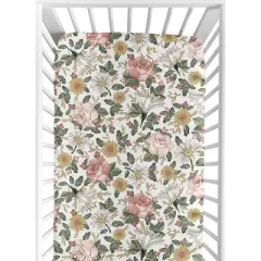 Sweet Jojo Designs Girl Fitted Crib Sheets Set Vintage Floral Pink Green and Yellow 2pc