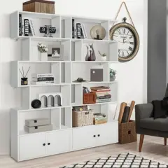 Tangkula 2PCS 6-tier Geometric Bookcase S-shaped Z-shelf Bookshelf Cabinet w/ Doors White