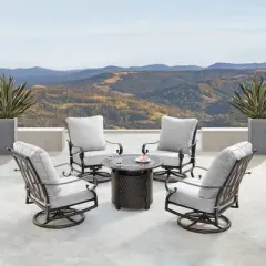5pc Set with 34" Outdoor Round Aluminum Propane Fire Table & 4 Deep Seating Swivel Rocking Chairs & Lid - Oakland Living