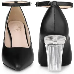 Perphy Ankle Strap Pointed Toe Clear Chunky Heel Pumps for Women