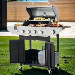 ELJGET 4-Burner Propane Gas Grill with Side Burner, 46700 BTU Outdoor Cooking Stainless Steel BBQ Grills Cabinet, Black