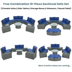 10-Piece Outdoor Patio Rattan Sofa Set with Cushions, Side Tables, Ottomans & Round Table &acirc;&acirc;&sbquo;?Light Gray PE Wicker Sectional Set