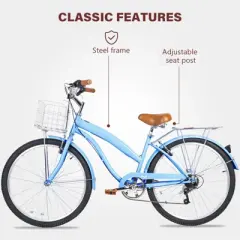 hykolity 26 inch Cruiser Bike Beach Bicycle City Bike Commuter Cycling 7 Speed for Adult Women Front Basket Rear Rack Aquamarine
