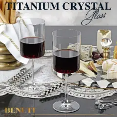 BENETI Large Square Wine Glass Set of 4, 11 oz, Laser-Cut Rim Dishwasher-Safe
