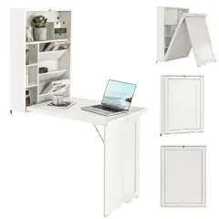 Costway Wall Mounted Computer Convertible Desk Floating Desk w/ Storage Bookcases