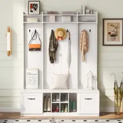 TIRAMISUBEST 5-in-1 Entryway Bench with Coat Rack - White Entryway Organizer with Storage