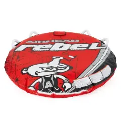 Airhead Rebel 54" 1 Person Durable Red Towable Lake Boating Tube Kit with 16 Strand Tow Rope, Speed Safety Valve, and 12V Pump Kit