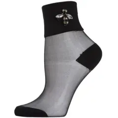 Memoi Women's Queen Bee Rhinestone Cuff Sheer Anklet Sock Black 9-11