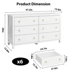 6 Dresser for Bedroom, 47.2" Wide Dresser, Modern Wide Drawer Dresser with Storage, Wooden Closet Dressers Chest of Drawers