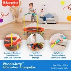 Fisher-Price New 2025 Model Mini Trampoline, WonderJump 36 Inch Round Indoor Trampoline with Stabilizing Handlebar, Multicolor