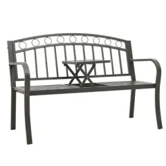 vidaXL Outdoor Patio Bench Garden Park Steel Bench - Gray With Table