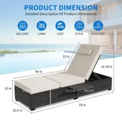 Garvee Outdoor PE Wicker Chaise Lounge Chairs Set of 2 Patio Brown Rattan Reclining Chair Adjustable Backrest Pool Sunbathing Recliners