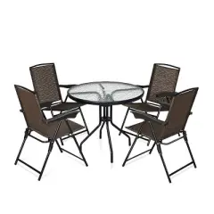 Costway 5PC Bistro Outdoor Patio Furniture Set Glass Table W/4 Folding Adjustable Chairs