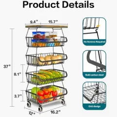 DOMETOUR 5 Tier Fruit Basket for Kitchen Organizers and Storage, Stackable Metal Wire Basket Stand Cart with Wheels for Fruit Vegetable