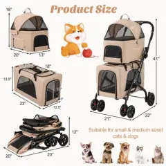 Costway Double Pet Stroller for 2 Dogs or Cats w/ 2 Detachable Carriers Safety Belt Beige