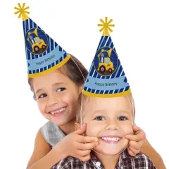 Big Dot of Happiness Construction Truck - Cone Happy Birthday Party Hats for Kids and Adults - Set of 8 (Standard Size)
