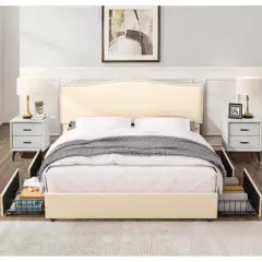 VECELO Upholstered Bed Frame Full/Queen Size Platform Bed Frame with Adjustable Headboard and Storage Drawers