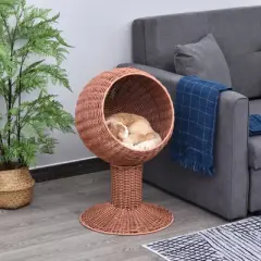 LOVSON Elevated Cat Bed with Rotatable Egg Chair Pod, Cat Basket Bed with Thick Cushion, Natural Mat Grass Woven Kitty House, Brown