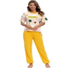 cheibear Womens Sleepwear Crew Neck Cute Print with Pants Loungewear Pajama Set